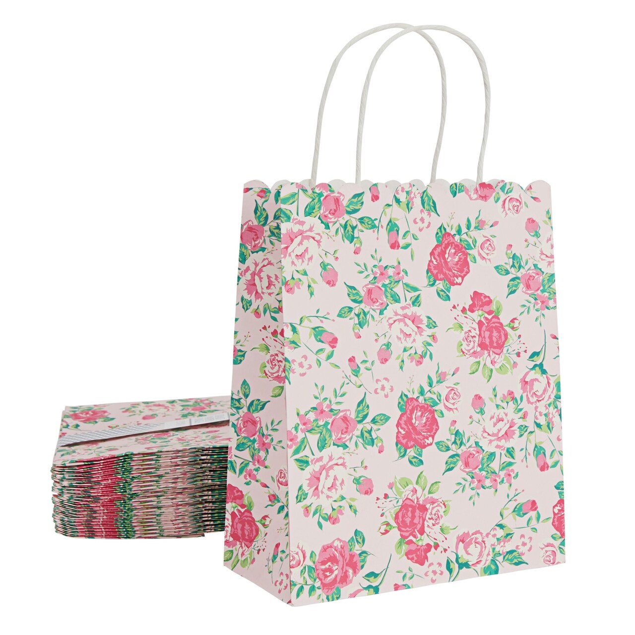 24-Pack Floral Gift Bags, 8x4x10-Inch Medium Size Gift Bags with Handles, Paper Bags with Colorful Rose Flower Print (Pink)